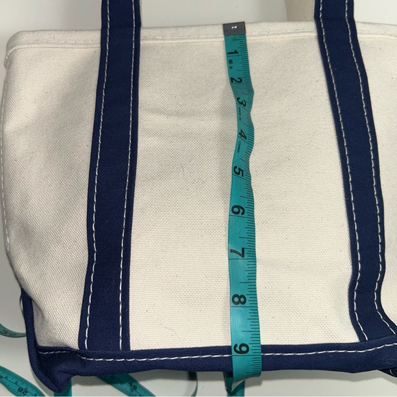 L.L. Bean Boat and Tote Beige Navy Blue Canvas Small Bag Stiff Handles - Picture 13 of 14